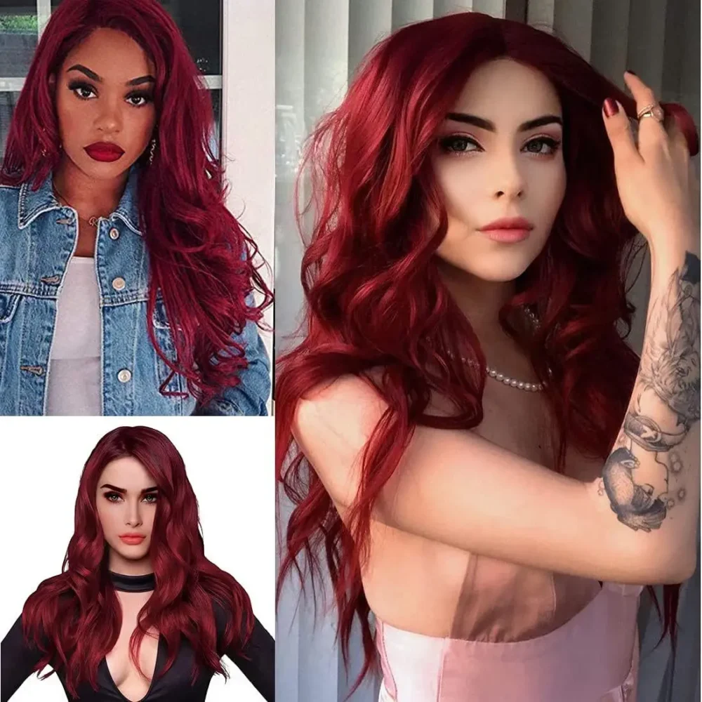 Burgundy Synthetic Wig Ladies Middle Part Natural Large Waves Long Curly Hair Daily Cosplay High Temperature Silk Headgear - Image 2